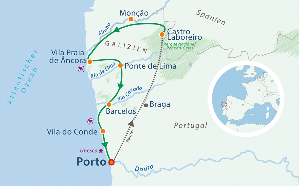 Map Portugal Cycling Holiday Minho and Porto