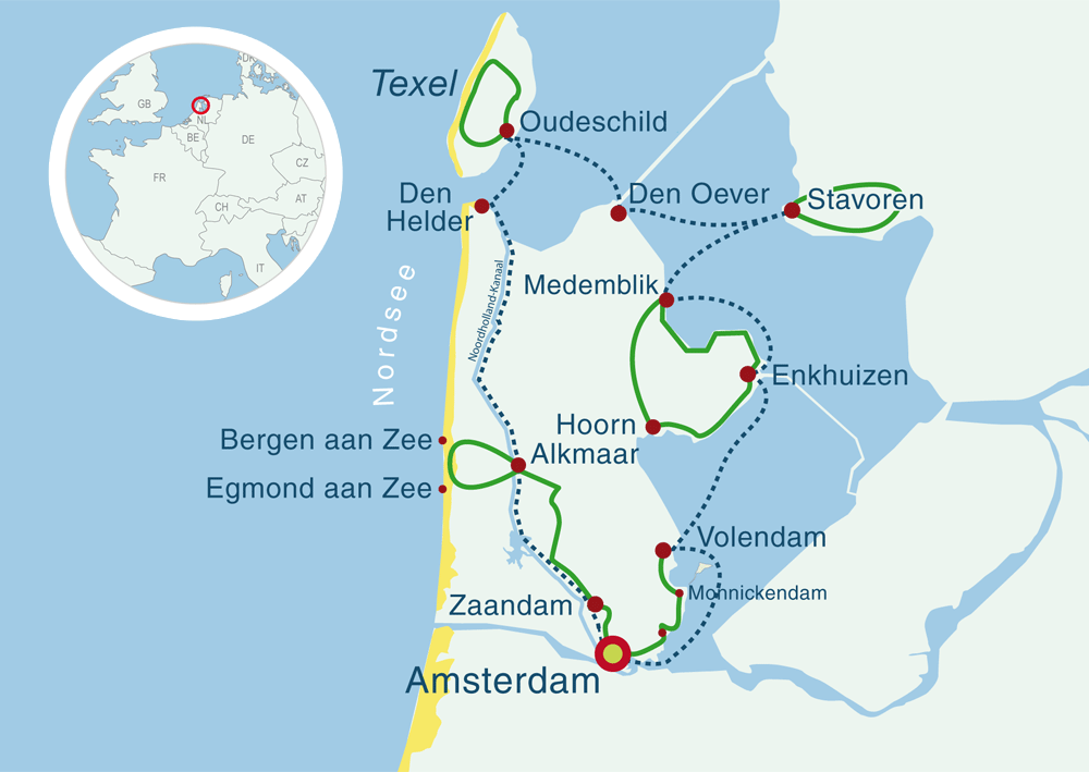 Map cycling cruises North Sea coast Holland
