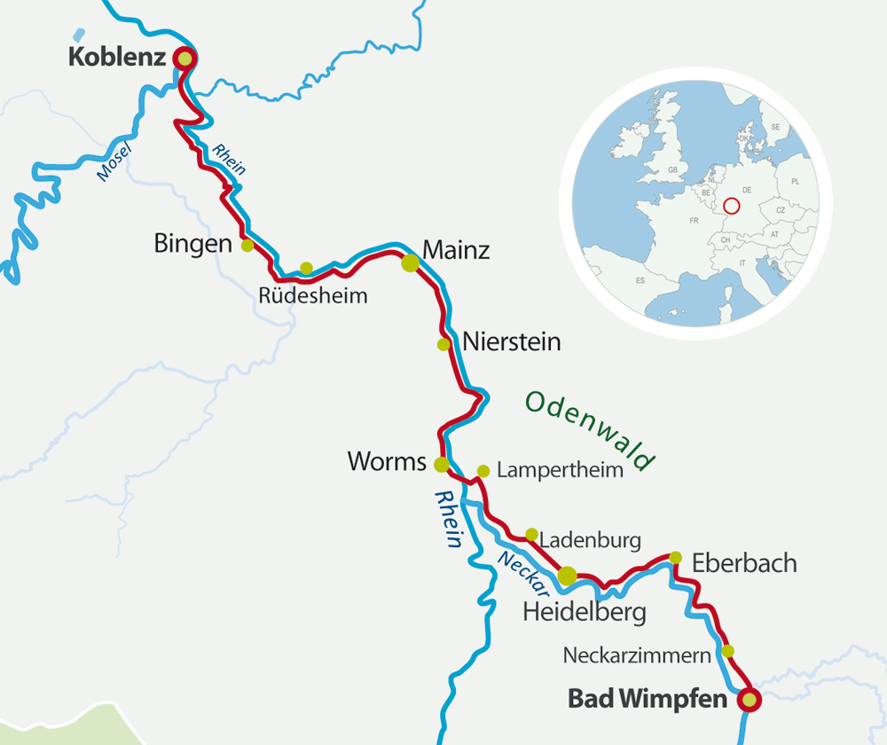 Map Explore the valleys of Rhine and Neckar by bicycle and ship