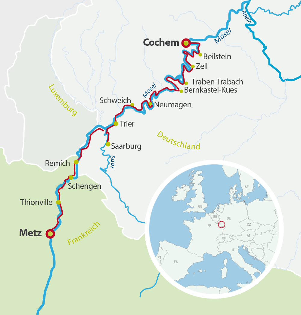 Map cycling holidays Cochem-Metz