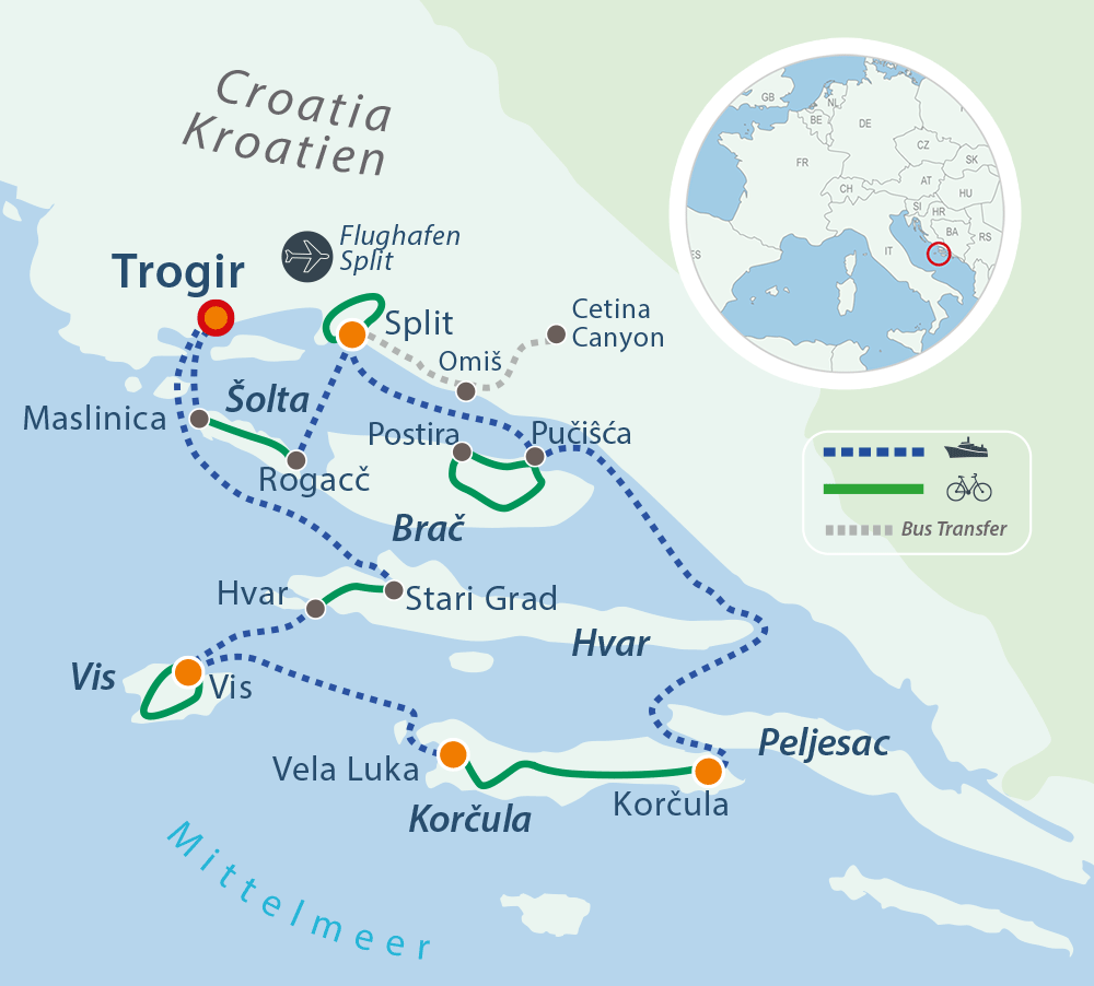Map bike and boat Southern Dalmatia