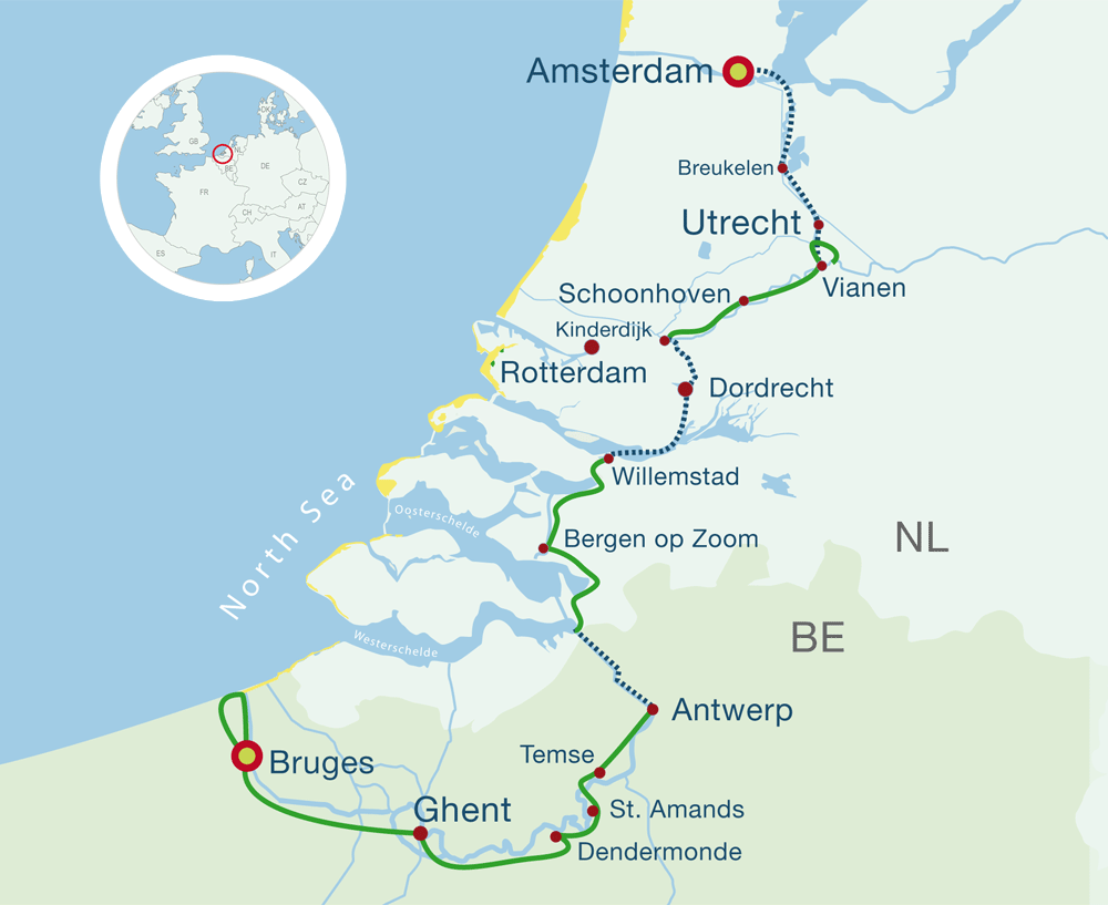 Map Bike Cruise Amsterdam to Bruges