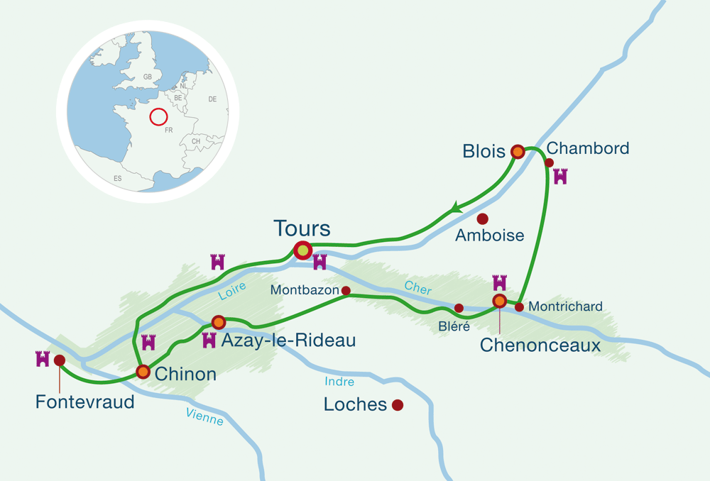 Map Cycle & Stay Holiday: Romantic Castles of the Loire in France