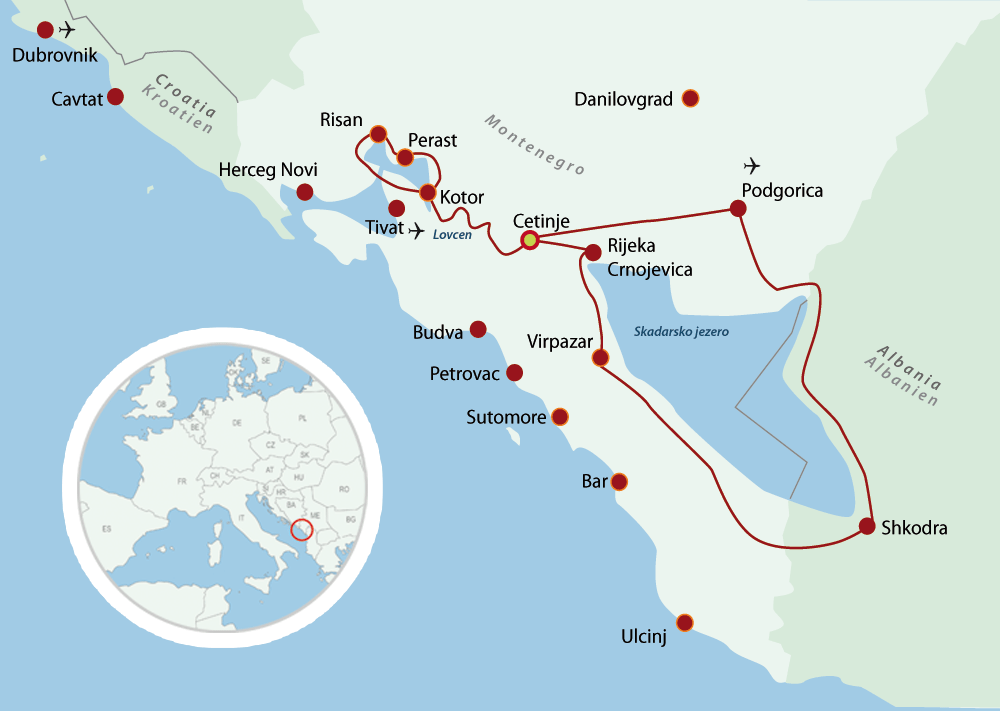 Map Montenegro Cycling Holiday