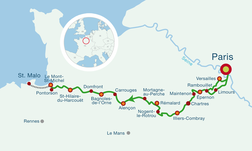 Map Cycling from Paris to Mont Saint Michel