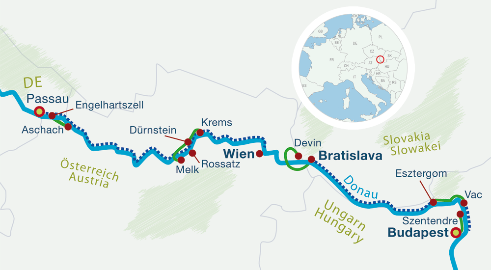 Map self-guided bike tours River Danube
